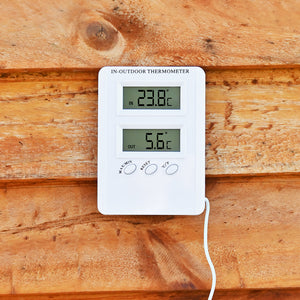 Digital Min-Max In-Outdoor Thermometer mounted on a wooden wall